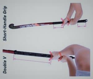 This gripping of the stick involves both hands of the player be at the top part of the stick